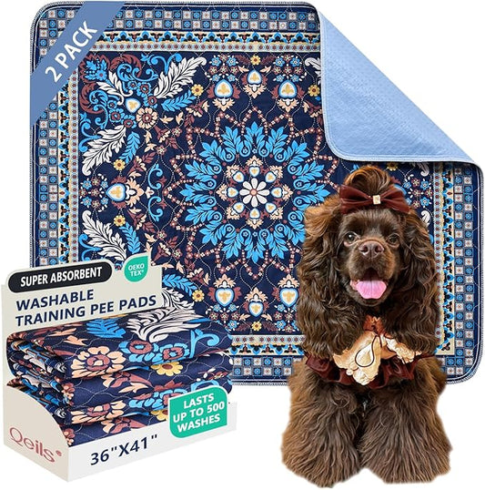 Qeils Washable Pee Pads, Reusable Puppy Pads Super Absorbent Leakproof Dog Training Pads, Non-Slip Wee Wee Pads for Crate, Floor, Potty Pads Feeding Mat Dog Pee 2 Pack 36"x41"
