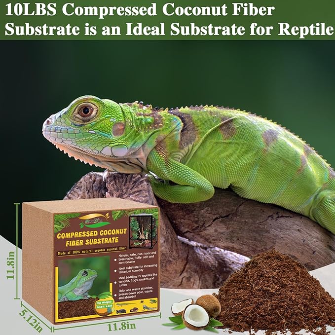 ZeeDix 10LBS Coconut Fiber Substrate, 100% Organic Coconut Husk Coco Coir Brick Terrarium Bedding for Reptiles, Tortoise, Bearded Dragon, Leopard Gecko, Snake, Hermit Crabs, Frogs, Tarantula