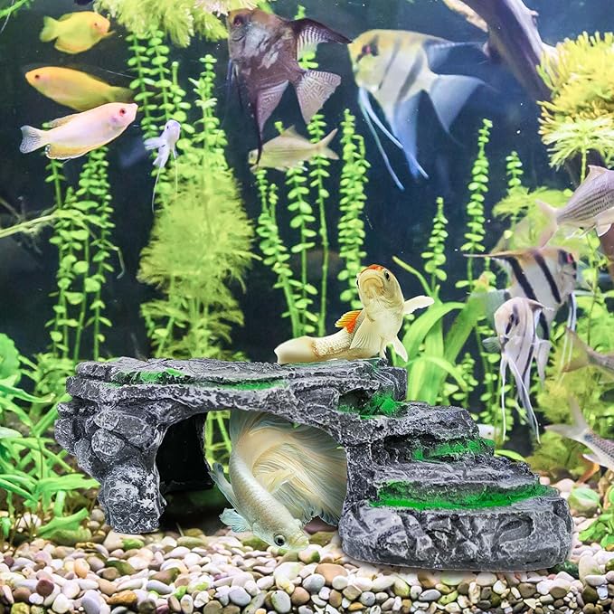 MoonOrange Turtle Basking Platform Kit, Reptile Habitat Hideout, Decorative Resin for Aquarium & Terrarium, Including Artificial Plant and Cleaning Brush. (A-Large-Black)