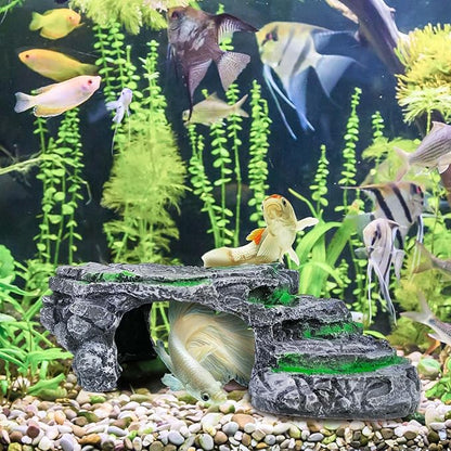 MoonOrange Turtle Basking Platform Kit, Reptile Habitat Hideout, Decorative Resin for Aquarium & Terrarium, Including Artificial Plant and Cleaning Brush. (A-Large-Black)