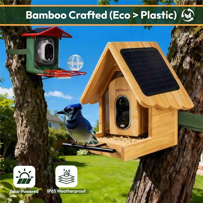 DETIKO Bamboo Bird Feeder with Camera, 2K HD, Built-in Solar Powered, 2.4GHz Wi-Fi, Night Vision, Motion Alerts, Live View, Local Storage, AI Bird ID for 2,800+ Species, Family Sharing