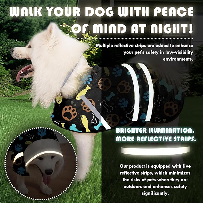 Dog Raincoat, Adjustable Rain Jacket with Hooded Double Layer for Large Medium Small Dogs Puppies, Lightweight Waterproof Rain Coat Poncho with Reflective Stripe Paw Print Black,XL