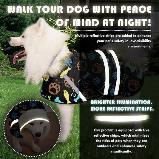 Dog Raincoat, Adjustable Rain Jacket with Hooded Double Layer for Large Medium Small Dogs Puppies, Lightweight Waterproof Rain Coat Poncho with Reflective Stripe Paw Print Black,XL