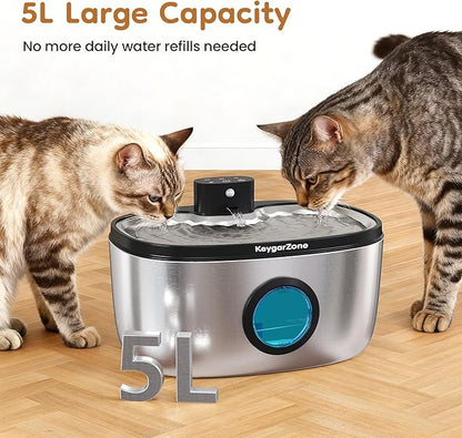 Wireless Cat Water Fountain: 5L Stainless Steel Pet Water Fountain for Cats & Dogs, Automatic Battery Operated Water Dispenser, Ultra-Quiet Indoor Fountain with Filter