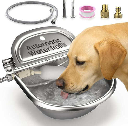 Animal Water Dispenser - 304 Stainless Steel Automatic Water Dispenser for Dogs & Animals, 10.6"x9.8"x4.7", Auto-Refill, Leakproof Drain Plug, Extra Float, 100cm Hose