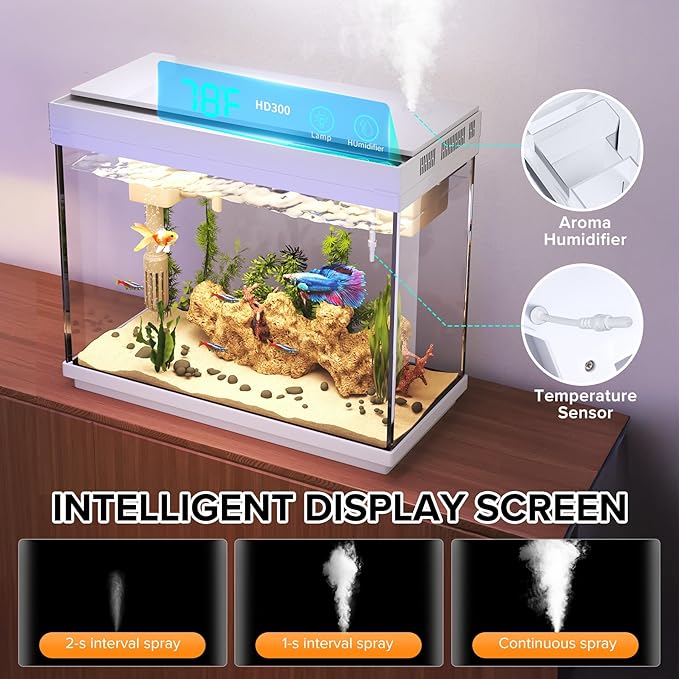 Vehipa Fish Tank 2.4 Gallon Aquarium Kit with Humidifier 7-Color Auto-Looping 3 in 1 Quiet Pump with Filteration & Oxygenation & Circulation, Temperature Display, HD Glass