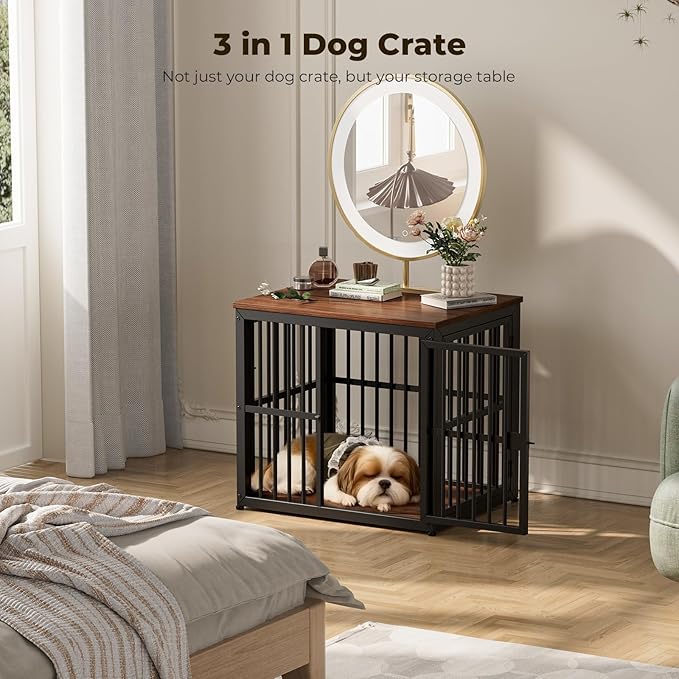 Lyromix 27'' Dog Crate Furniture with 3 Doors,Wooden Crate End Table Heavy Duty Indoor Puppy Cage for Small Dogs, Multiple Units Can be Combined, Walnut