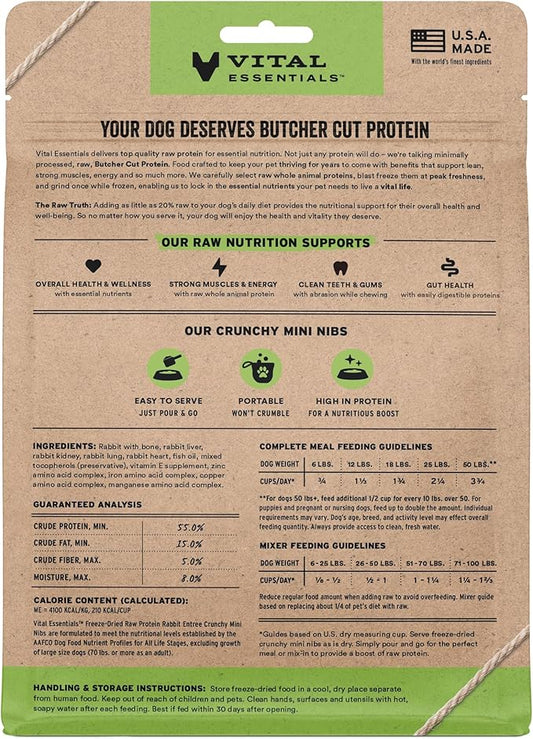 Vital Essentials Freeze-Dried Raw Rabbit Crunchy Mini Nibs | Complete Meal or Mixer Dog Food | 5.5 oz