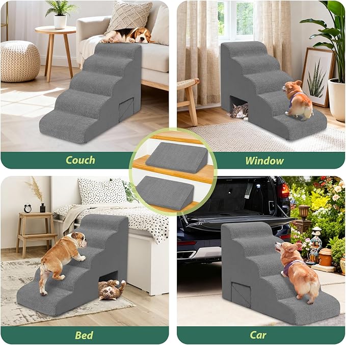 Dog Stairs for Small Dogs and Cats, 5 Tier Dog Steps for Bed and Couch, 23" H Non-Slip Foam Pet Stairs, Gray