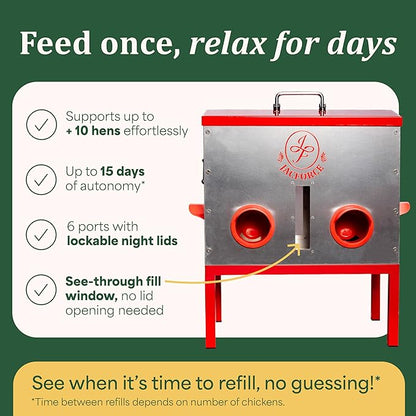 Automatic Chicken Feeder – 40lb No Waste Metal Poultry Feeder with 6 Ports, Locking Lid & Raised Legs – Stops Feed Waste & Constant Refills for Happy Chickens & Clean Coops