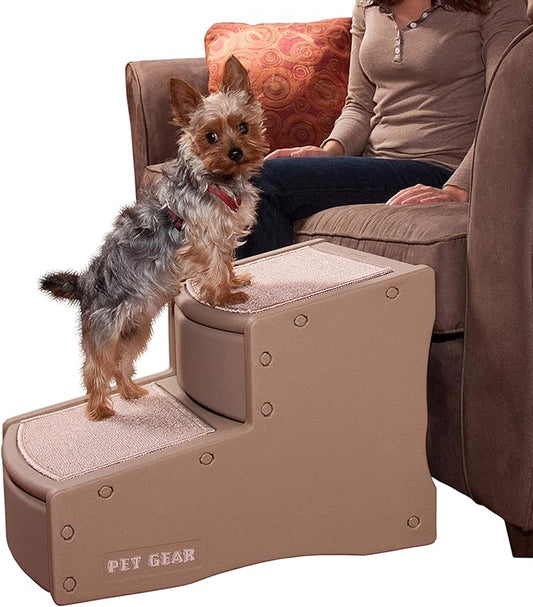 Pet Gear Easy Step II Pet Stairs, 2 Step for Cats/Dogs up to 150 Pounds, Portable, Removable Washable Carpet Tread, No Tools Required, Camel