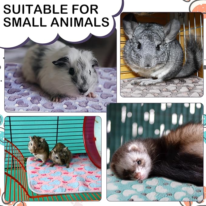 Reginary 4 Pcs Waterproof Guinea Pig Blankets Washable Small Animal Fleece Bedding Guinea Pig Cage Liners Reusable Training Pads Pet Pee Pad Sleep Mat for Hamster(Heart Pattern,12 x 12 Inch)