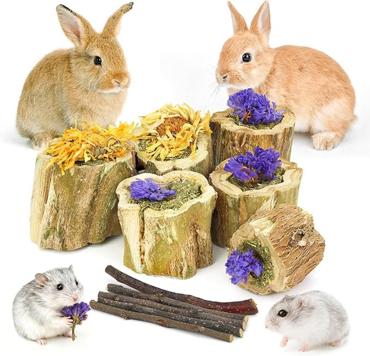 Ilofdsn 3.5oz Rabbit Chew Toys for Teeth，Bunny Papaya Wood Chew Toys Guinea Pig Treats with Apple Stick for Rabbits Guinea Pigs Hamsters Chinchillas Gerbils Prevent Teeth Overgrowth (3.5 oz, Flower)