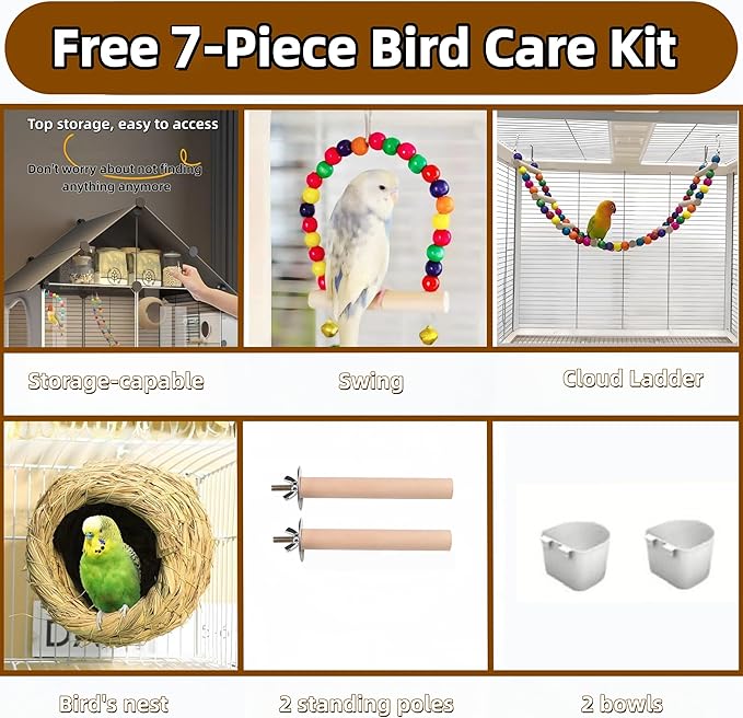 60in Large Flight Bird cage, Equipped with Bird's Nest， Ladder, Swing, Feeder, etc. with Wheels for Easy Outdoor Movement, Suitable for Parrots, Pigeons (White, 28.4" L x14.2W x 60" H)