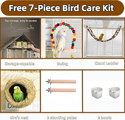 60in Large Flight Bird cage, Equipped with Bird's Nest， Ladder, Swing, Feeder, etc. with Wheels for Easy Outdoor Movement, Suitable for Parrots, Pigeons (White, 28.4" L x14.2W x 60" H)