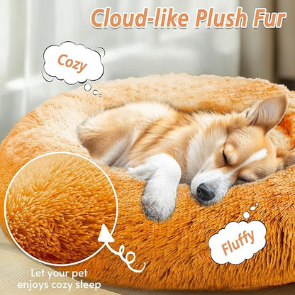 JOLLYVOGUE Small Dog & Cat Beds for Indoor Cats, Donut Cuddler Warming Soft Dog Beds with Anti-Slip Bottom, Round Calming Fluffy Plush Faux Fur Cushion Bed for Medium Dogs (31", Orange)