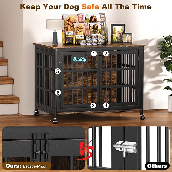 EasyCom 42"/41"/33" Dog Crate Furniture with Name Tag, XL Heavy Duty Dog Kennel Indoor for Large and Medium Dogs, Double-Doors Sturdy Dog Cage for Anxiety Dog, Decorate House as TV Stand
