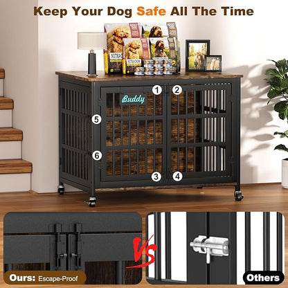 EasyCom 42"/41"/33" Dog Crate Furniture with Name Tag, XL Heavy Duty Dog Kennel Indoor for Large and Medium Dogs, Double-Doors Sturdy Dog Cage for Anxiety Dog, Decorate House as TV Stand