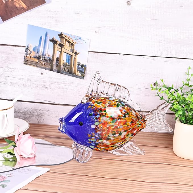 Large Hand Blown Glass Fish Figurines, Aquarium Sea Glass Art, Blue Orange Fish Statue Sculpture Modern Coastal Accent - for Beach Knick Knacks, Coffee Tables, Nautical Offices Centerpiece