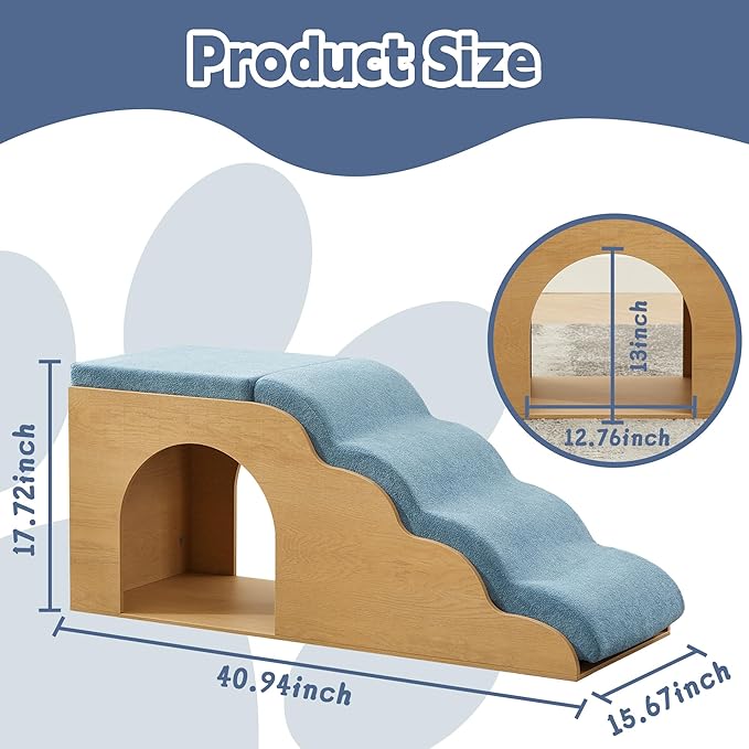 40.9" Lx15.7 Wx17.7 H Dog Ramp and Stairs for Beds,Up to 200 lbs Durable Wooden Dog Steps with Storage&Hideout Space,Curved Pet Stairs for Couch,Sofa, with Washable Cover&High Density Foam-Blue