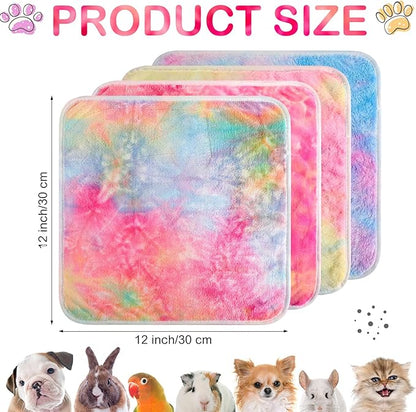 Reginary 4 Pcs Waterproof Guinea Pig Blankets Washable Small Animal Fleece Bedding Guinea Pig Cage Liners Reusable Training Pads Pet Pee Pad Sleep Mat for Hamster(Tie Dye Pattern,12 x 12 Inch)