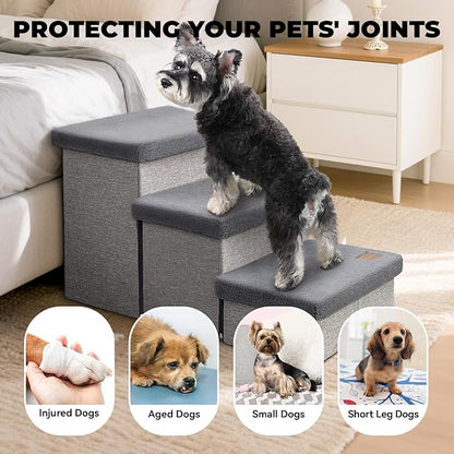 Dog Stairs with Furry Lids 18" H, 3-Step Wider Dog Steps with Storage for Small/Medium/Large Old Dogs Cats, Folding Sturdy Pet Stairs Climbing Bed Couch, Ramp for Car Hold Up to 200 lbs, Grey