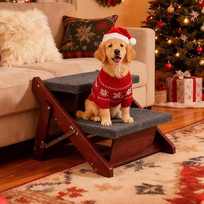 MEWANG Wooden Pet Stairs/Pet Steps - 2-in-1 Foldable Stairs & Ramp for Beds and Cars - Portable Dog/Cat Ladder Up to 110 Pounds - Great for Small and Older Animals(Brown) (Tan, 49 * 10 * 55.5, 1)