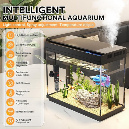 Vehipa Fish Tank 2.4 Gallon Aquarium with Heater, 3-in-1 Silent Pump with Filteration & Oxygenation & Circulation, 7-Color Timer Cycle Light, Temperature Display, Humidifier, HD Glass Fish Bowl