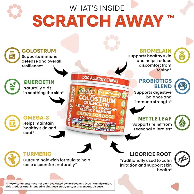 Dog Allergy Chews and Itchy Skin Relief for Dogs | Colostrum Quercetin Astragalus Bromelain | Immune Anti Itch Coat Supplement Aller Ichting Bites Treatment Paw Allergies + Echinacea Nettle Omega 3