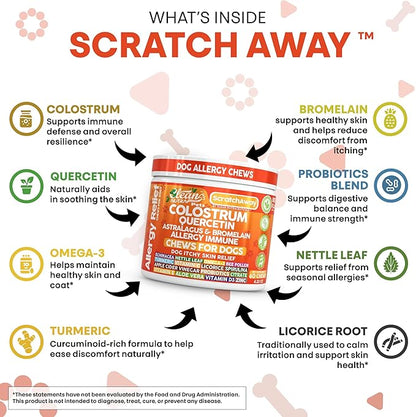 Dog Allergy Chews and Itchy Skin Relief for Dogs | Colostrum Quercetin Astragalus Bromelain | Immune Anti Itch Coat Supplement Aller Ichting Bites Treatment Paw Allergies + Echinacea Nettle Omega 3