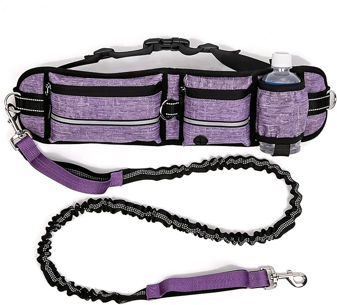 Hands Free Dog Walking Waist Belt Leash with Storage Pouch, Three Spacious Storage Pockets and Heavy-Duty Durable Bungee Cord, Perfect for Outdoor Hiking and Traveling. (Purple)