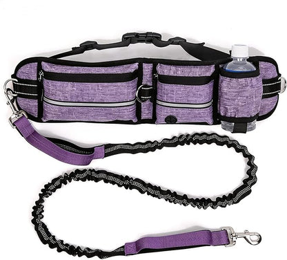 Hands Free Dog Walking Waist Belt Leash with Storage Pouch, Three Spacious Storage Pockets and Heavy-Duty Durable Bungee Cord, Perfect for Outdoor Hiking and Traveling. (Purple)