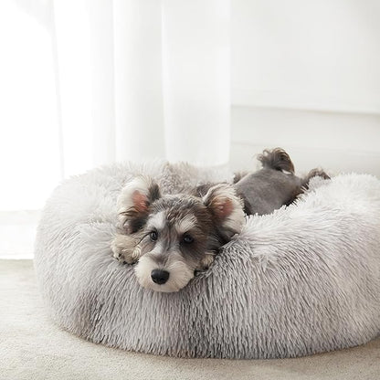 WESTERN HOME WH Calming Dog & Cat Bed, Anti-Anxiety Donut Cuddler Warming Cozy Soft Round Bed, Fluffy Faux Fur Plush Cushion Bed for Small Medium Dogs and Cats (20"/24"/27"/30"), White Grey