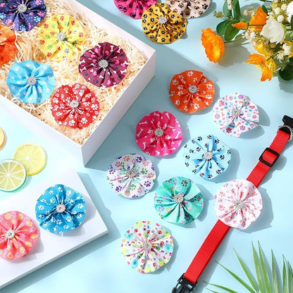 50 Pcs Paw Print Collar Bows Bulk for Dogs Bow Ties Flowers Charms Attachment for Small Medium Large Dogs Cats Collar Accessories Holiday Party Costumes