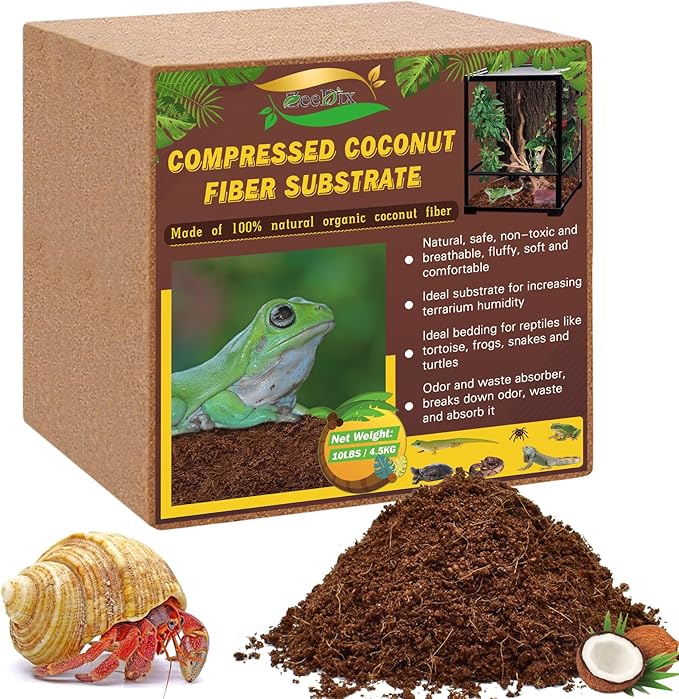 ZeeDix 10LBS Coconut Fiber Substrate, 100% Organic Coconut Husk Coco Coir Brick Terrarium Bedding for Reptiles, Tortoise, Bearded Dragon, Leopard Gecko, Snake, Hermit Crabs, Frogs, Tarantula