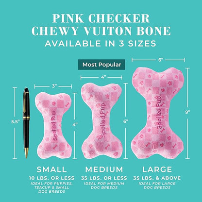Haute Diggity Dog Pink Checker Chewy Vuiton Bone, Plush Designer Dog Toys with Interactive Squeaker, Stimulating Pet Enrichment, Machine-Washable & Safe Materials for All Breeds, Size Small