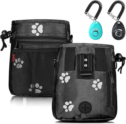 Dog Treat Pouch - 3 Ways to Wear Treat Pouches for Pet Training and 2 Pieces Clicker Taining for Dogs, Dog Training Treat Pouch Bag and Dog Clicker for Training with Waist Belt Shoulder Strap - Paws