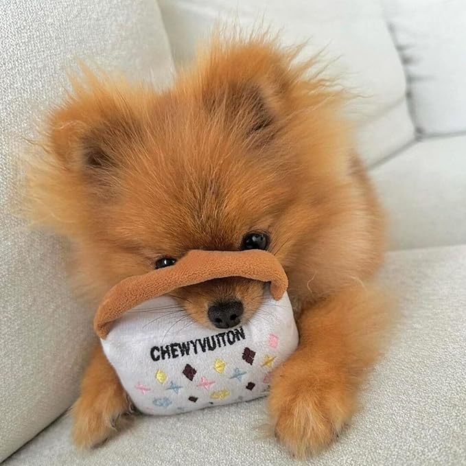 Haute Diggity Dog White Chewy Vuiton Handbag, Plush Designer Dog Toys with Interactive Squeaker, Stimulating Pet Enrichment, Machine-Washable & Safe Materials for All Breeds, Size Small