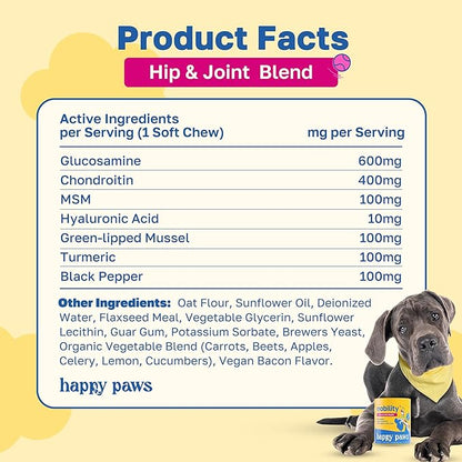 Happy Paws Hip & Joint Supplement for Dogs, Joint Health & Mobility Support for All Breeds & Ages, Made with Hyaluronic Acid & Turmeric, Vegan Bacon Flavor, Organic, Non GMO, 200 Soft Chews