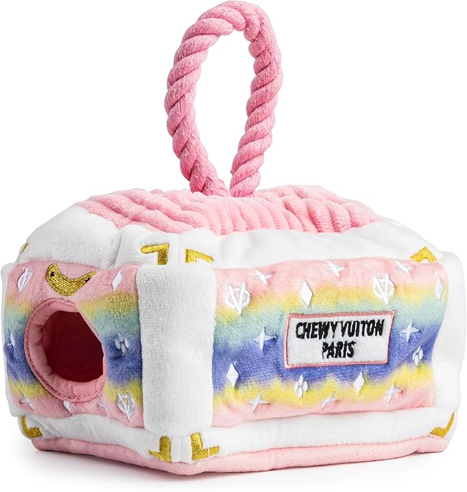 Haute Diggity Dog Pink Ombre Chewy Vuiton Trunk, Plush Designer Dog Toys with Interactive Squeaker, Stimulating Pet Enrichment, Machine-Washable & Safe Materials for All Breeds