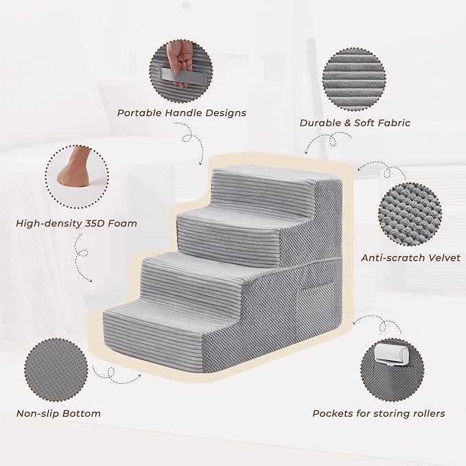 HYLEORY Dog Stairs for Bed 18''H, 4-Step Pet Stairs for Small Dogs & Cats, Sturdy Pet Steps with Non-Slip Bottom, Functional Portable Dog Ramp for Couch/Chair/Sofa/Car, Storage Pocket, Light Grey