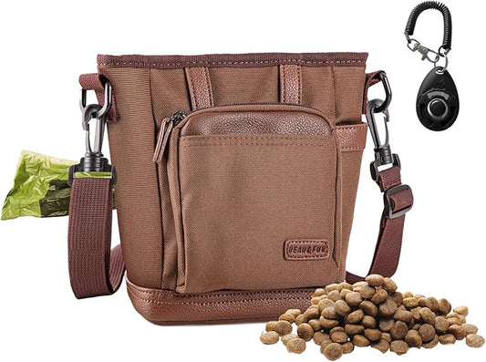 BEAU&FUR Large Dog Treat Pouch with Clicker for Training – 4 Cup Capacity, Built-In Poop Bag Dispenser, Expandable Pocket, Metal Buckle, Large Back Pocket, Ideal for Walks and Training – Dark Brown