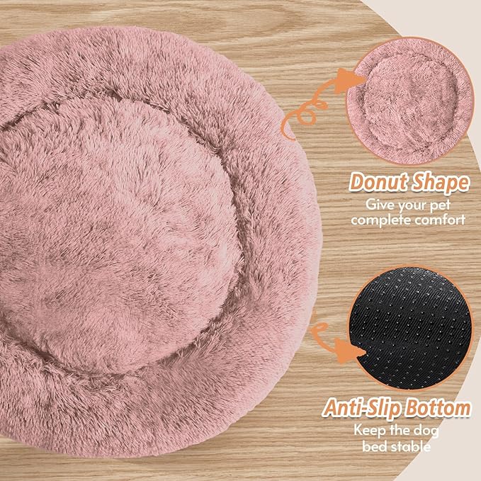 JOLLYVOGUE Small Dog & Cat Beds for Indoor Cats, Donut Cuddler Warming Soft Dog Beds with Anti-Slip Bottom, Round Calming Fluffy Plush Faux Fur Cushion Bed for Small Dogs (23", Dark Pink)