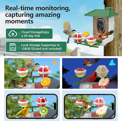 Smart Bird Feeder with Camera Solar Powered, 2K HD WiFi Live View Bird Feeders for Outdoors, AI Birds Recognition & Instant Alerts,Weatherproof Design – Best Gift for BirdLovers & Garden Birdwatching