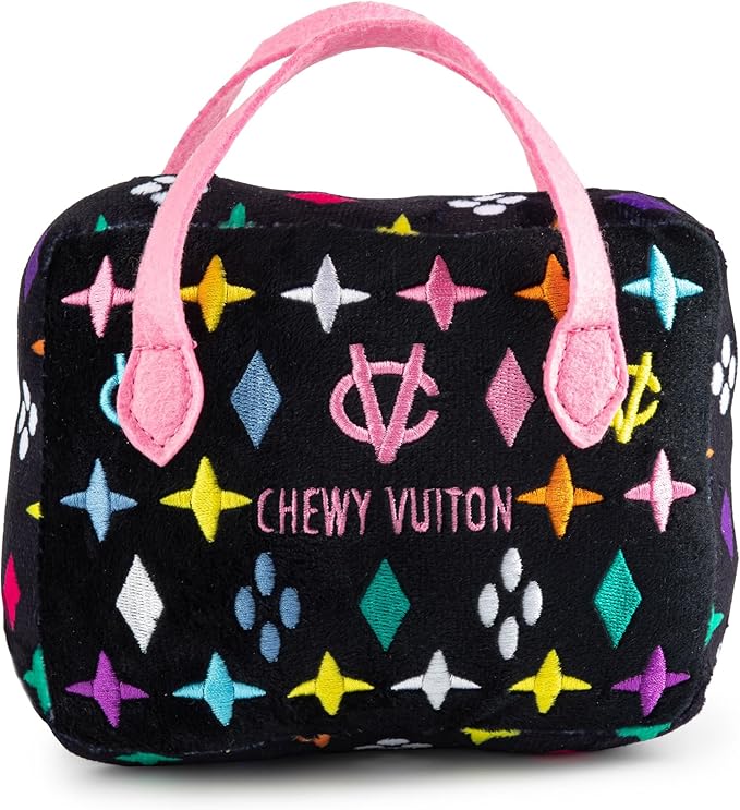 Haute Diggity Dog Black Monogram Chewy Vuiton Handbag, Plush Designer Dog Toys with Interactive Squeaker, Stimulating Pet Enrichment, Machine-Washable & Safe Materials for All Breeds, Size Large
