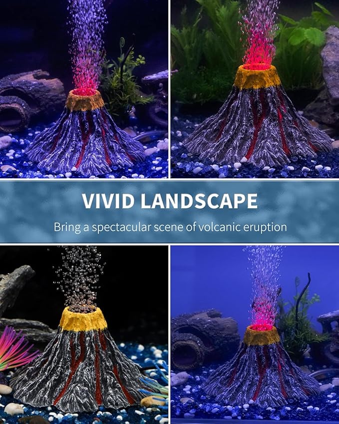Uniclife Aquarium Volcano Ornament Kit Realistic Resin Volcanic Decoration with Air Stone Bubbler Red LED Light Decor for Fish Tank Landscape Addition and Oxygenation