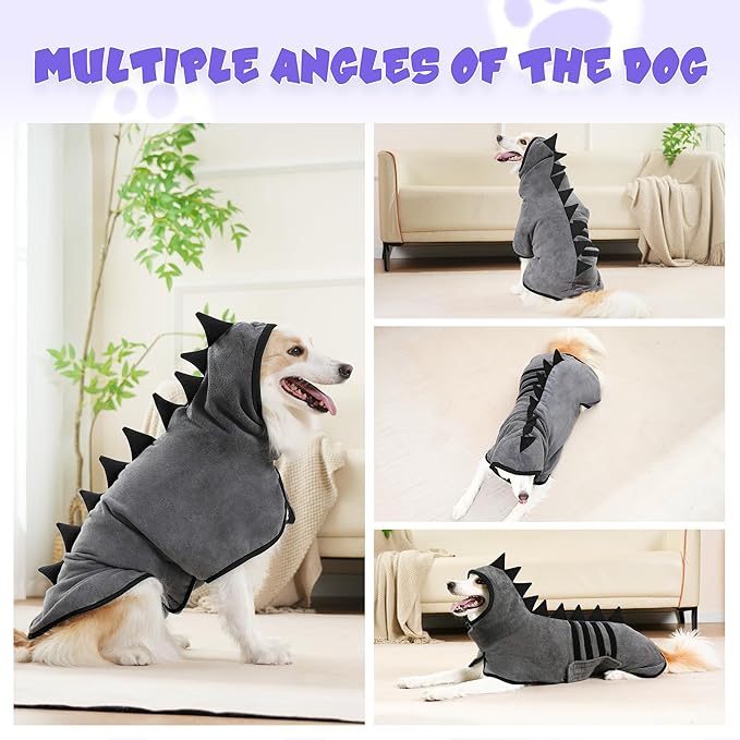 Super Absorbent Dog Bathrobe, Microfiber Bath Robe Towel for Fast Drying, Cozy Fit, Adjustable Belly Strap, Unique Dinosaur Design Dog Drying Coat for Bath, Rainy Walks & Cold Weather