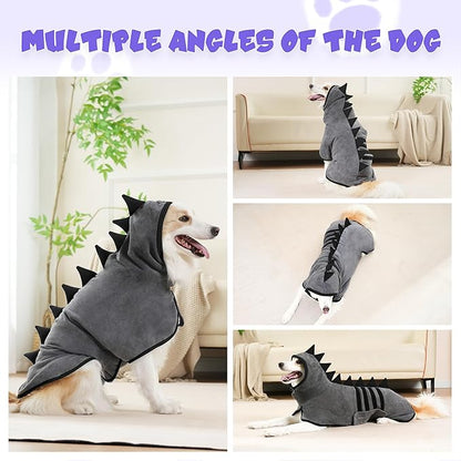 Super Absorbent Dog Bathrobe, Microfiber Bath Robe Towel for Fast Drying, Cozy Fit, Adjustable Belly Strap, Unique Dinosaur Design Dog Drying Coat for Bath, Rainy Walks & Cold Weather