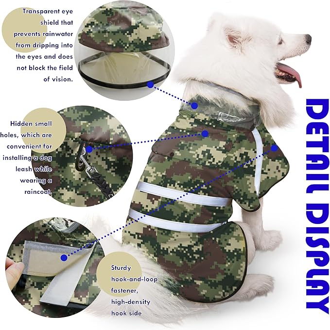 Dog Raincoat, Adjustable Rain Jacket with Hooded Double Layer for Large Medium Small Dogs Puppies, Lightweight Waterproof Rain Coat Poncho with Reflective Stripe Mosaic Camouflage Green,M