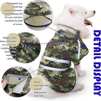 Dog Raincoat, Adjustable Rain Jacket with Hooded Double Layer for Large Medium Small Dogs Puppies, Lightweight Waterproof Rain Coat Poncho with Reflective Stripe Mosaic Camouflage Green,M